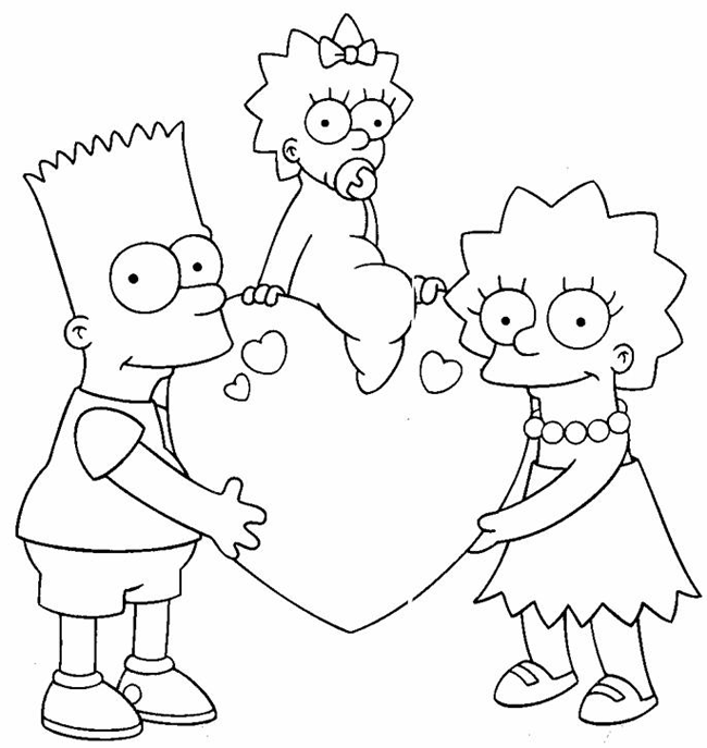 coloriage simpson bart et lisa portent maggie sur un coeur